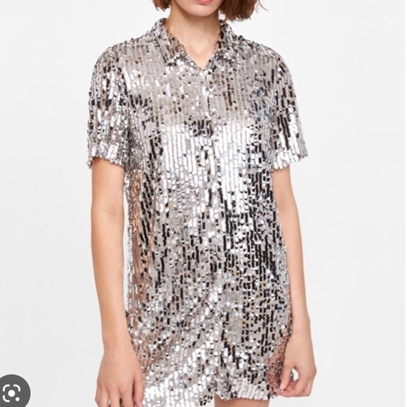 RARE! ZARA Silver Sequin Shirt Dress - Picture 3 of 8